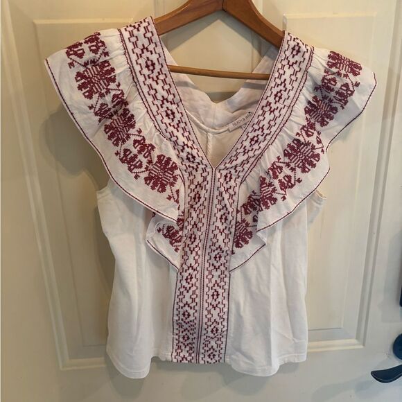 Anthropologie Reath & Wren Embroidered Red & White Ruffled Blouse - Picture 2 of 4